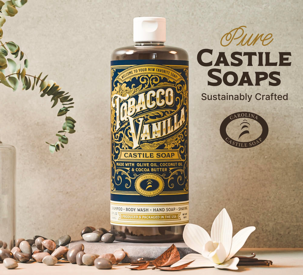 Carolina Castile Soap Tobacco Vanilla packaging, 1 gallon size.