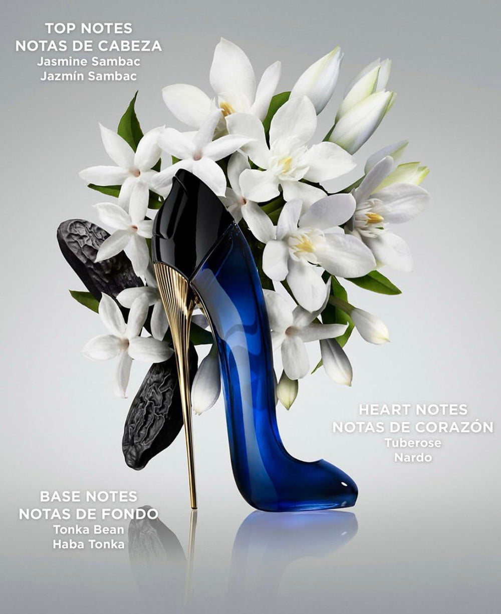 Carolina Herrera Good Girl mini bottle close-up, chic floral profile.
