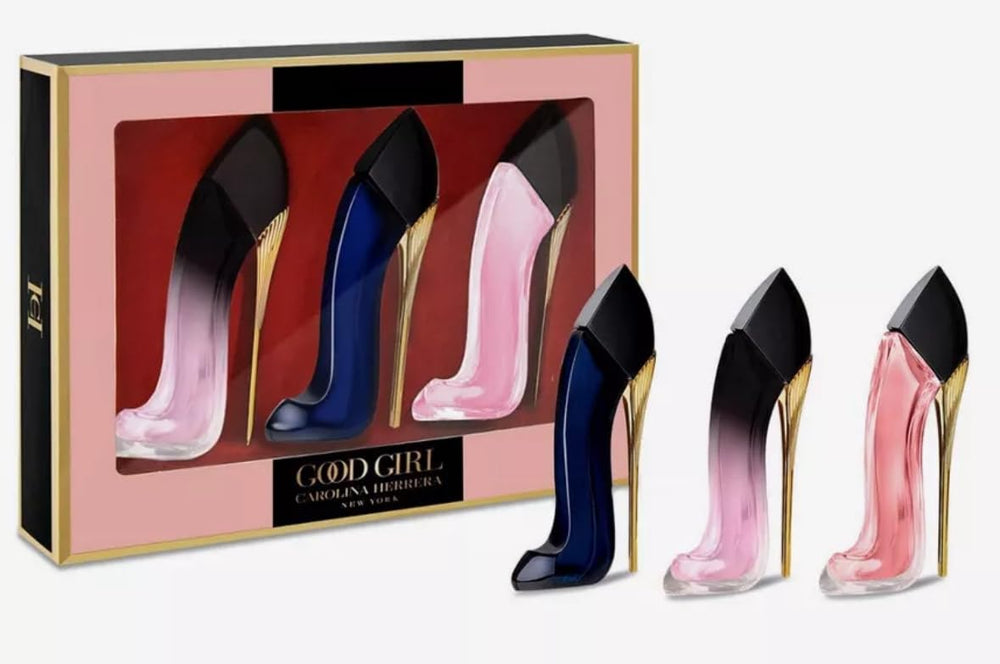 Carolina Herrera Good Girl mini set with three fragrances, ideal for travel or gifting.