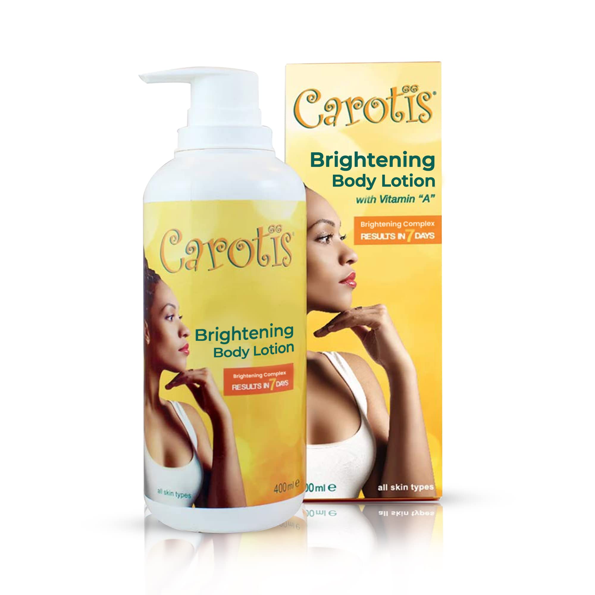 CAROTÏS Skin Brightening Lotion bottle demonstrates hydrating, smoothing application for brighter skin.