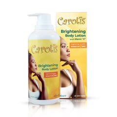 CAROTÏS Skin Brightening Lotion bottle demonstrates hydrating, smoothing application for brighter skin.