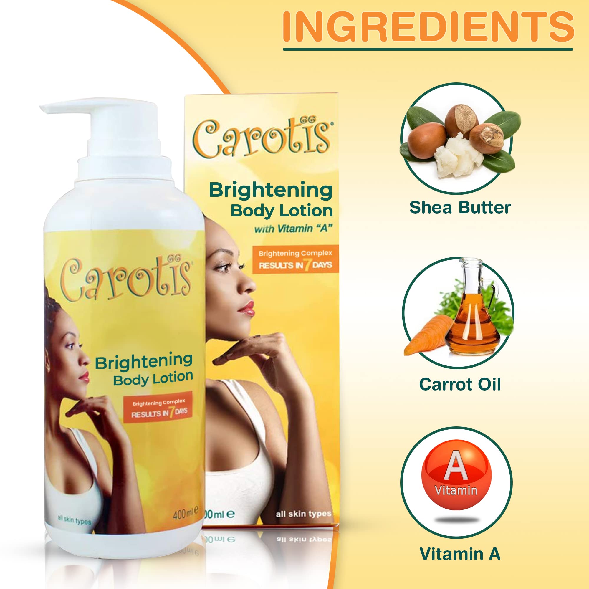 CAROTÏS Skin Brightening Lotion label closeup highlights vitamin-rich carrot oil benefits.