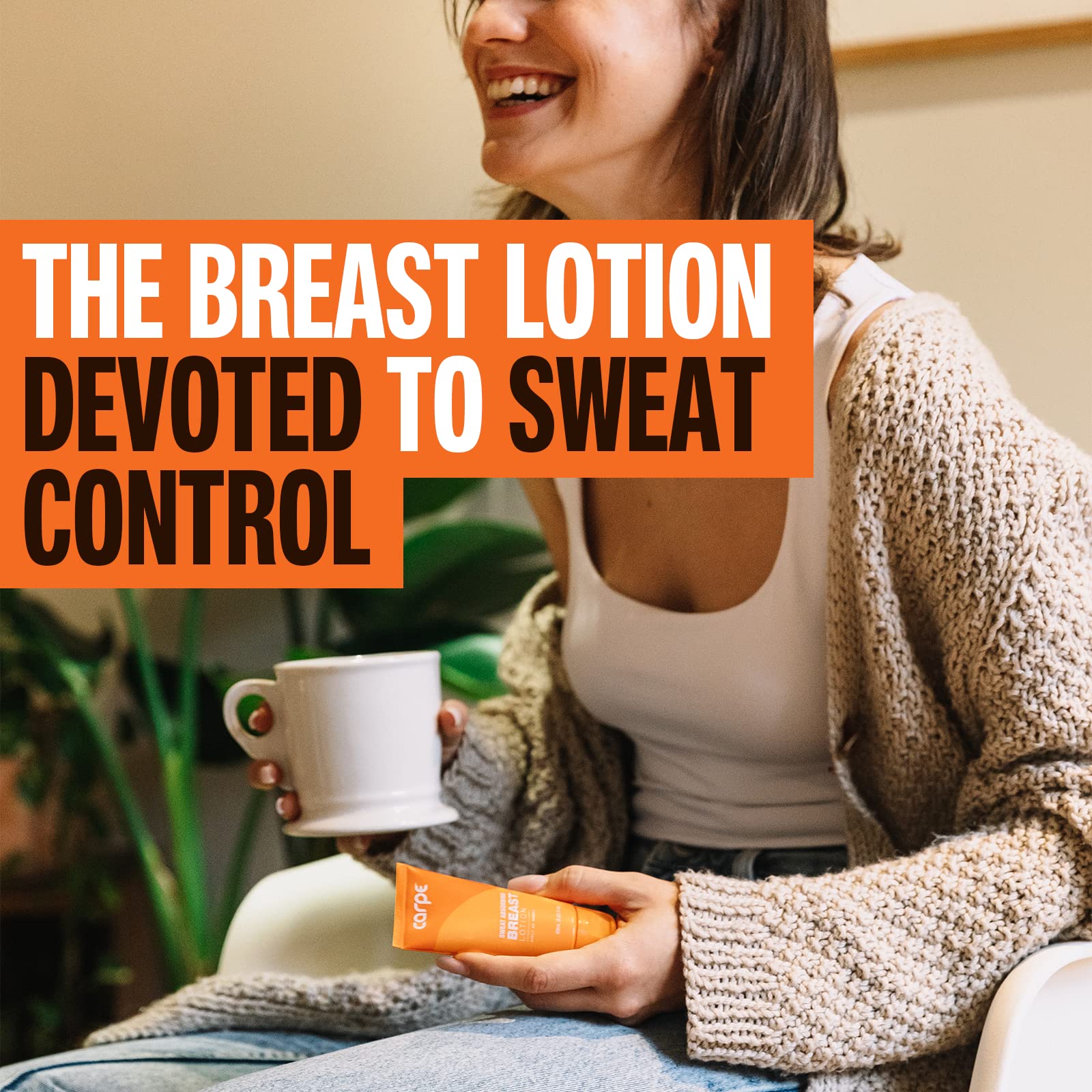 Carpe breast lotion close-up shows clear, skin-friendly application on skin.