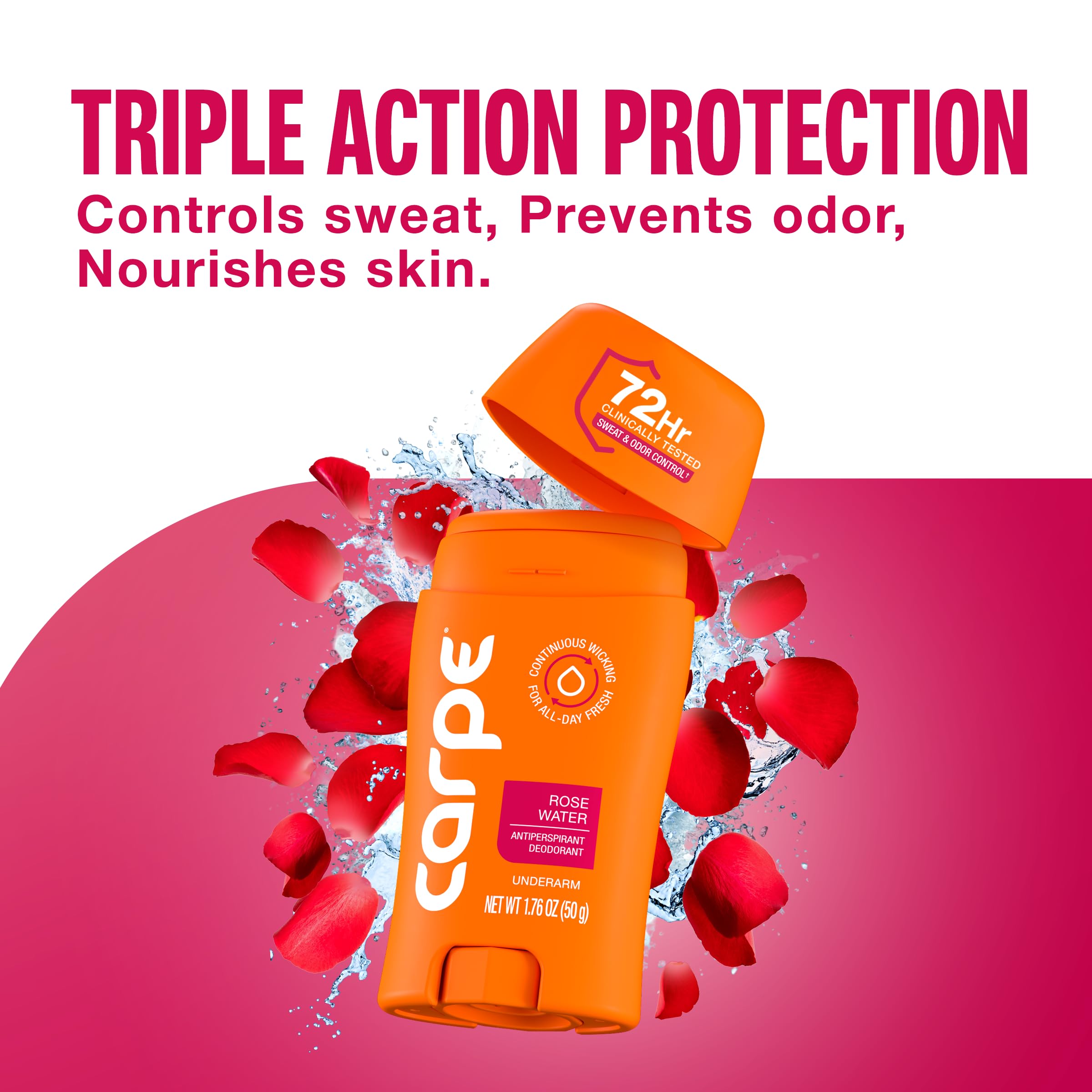 Dermatologist-tested Carpe packaging highlighting 72-hour protection.