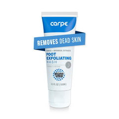 Carpe Exfoliating Foot Scrub bottle with minty formula for fresher feet and odor control.