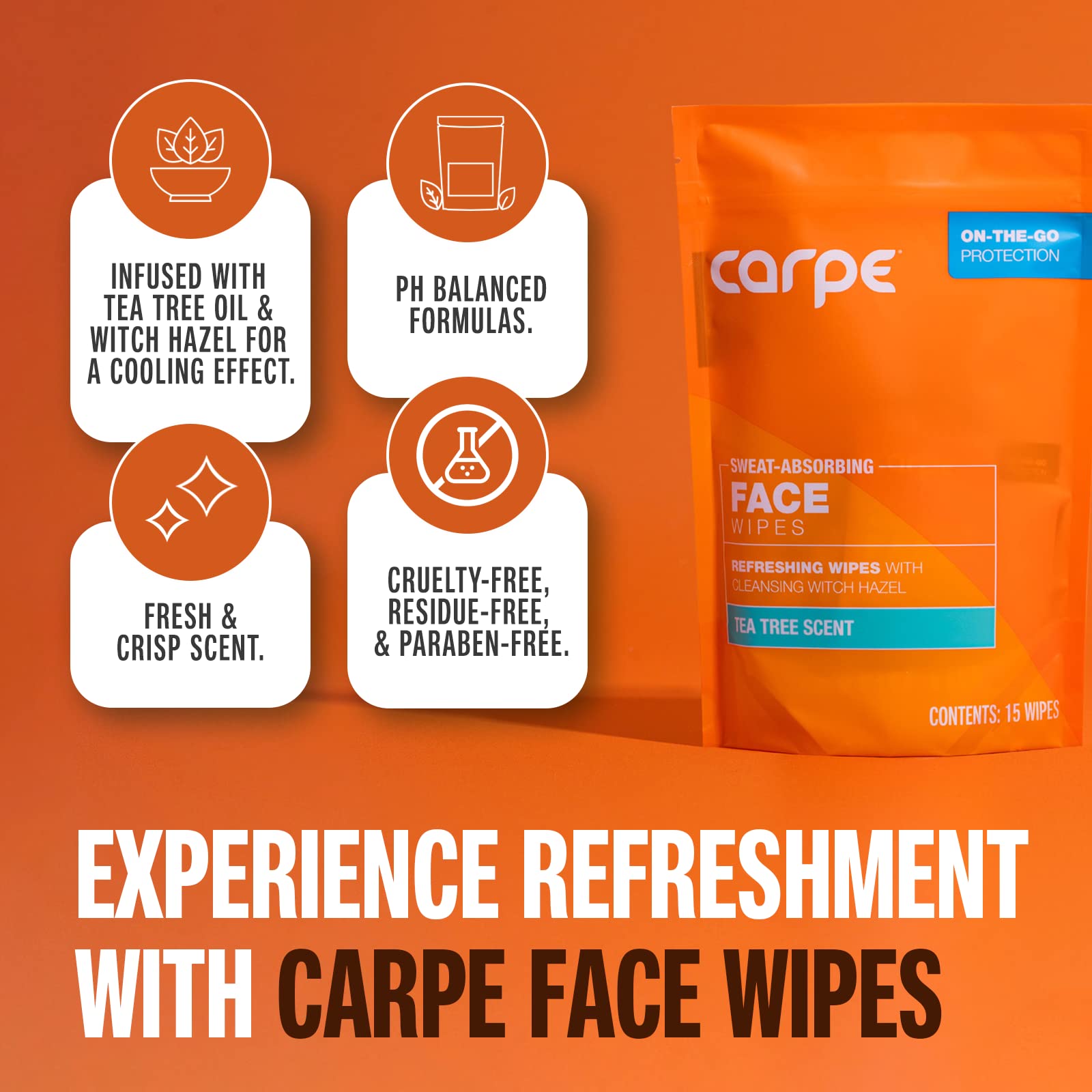 Carpe face wipes in use during gym or travel for sweat removal.