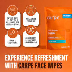 Carpe face wipes in use during gym or travel for sweat removal.