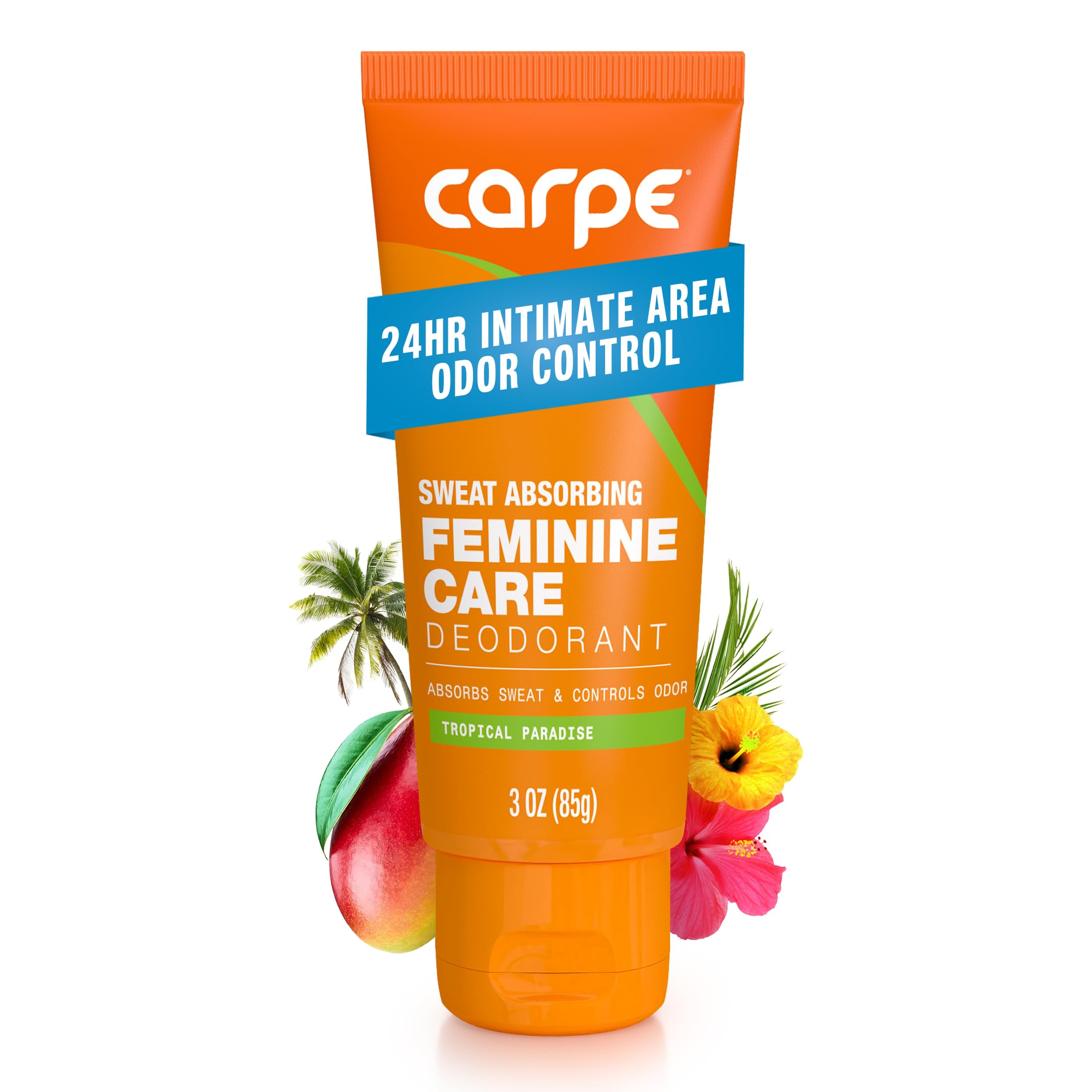 Carpe Feminine Care intimate deodorant tube in tropical paradise scent provides confident freshness all day.