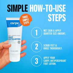 Carpe minty foot scrub with peppermint blend suggesting odor elimination benefits.