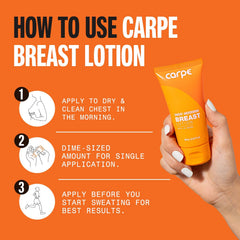 Carpe No-Sweat Breast bottle shows Witch Hazel and silica ingredients.