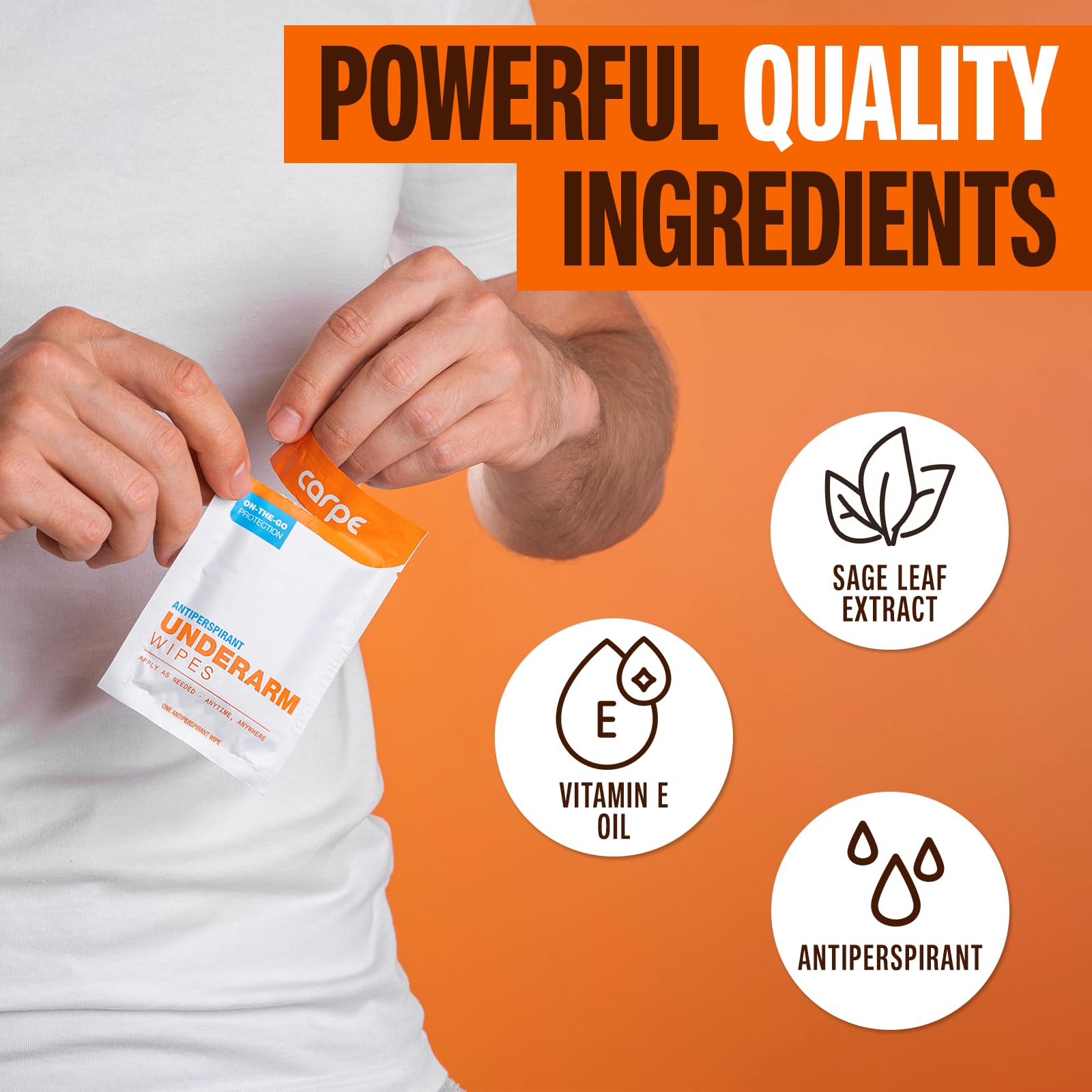 Carpe On-The-Go Wipes sage leaf extract for refreshing feel.