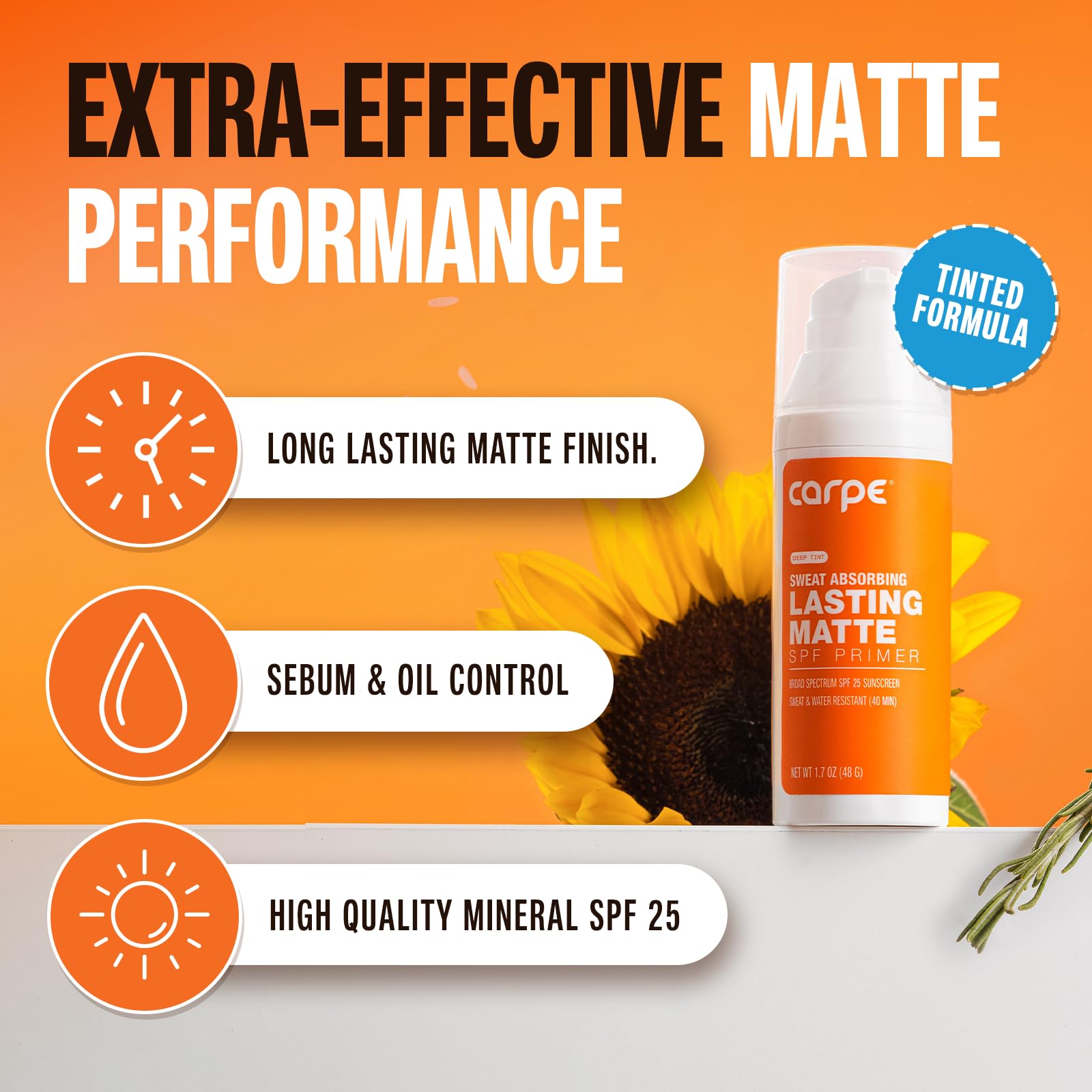 Carpe Primer Face SPF 25 Tinted swatch shows a natural tint with sun protection.