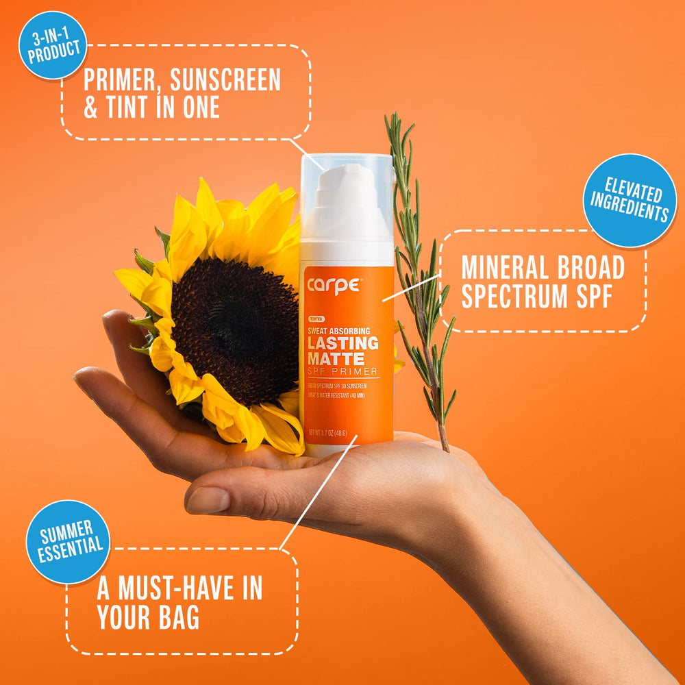Carpe Primer Face with SPF 30 label suggests sun protection during outdoor activities