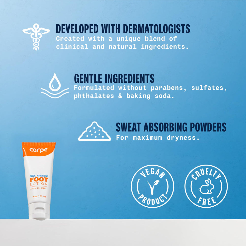 Carpe Sweat Absorbing Foot Lotion application scene for nightly use against moisture.