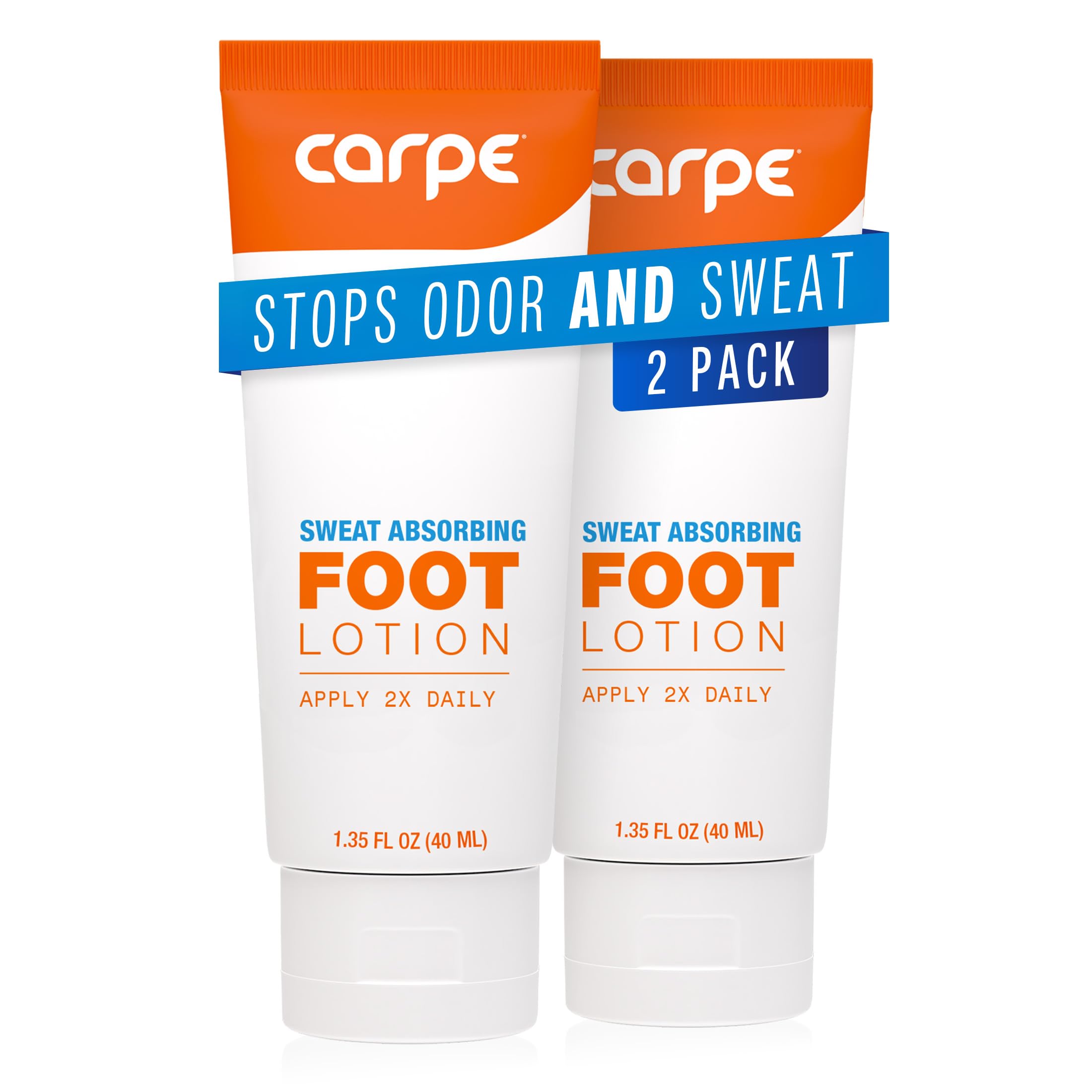 Carpe Sweat Absorbing Foot Lotion bottle showing quick-dry action for dry feet.