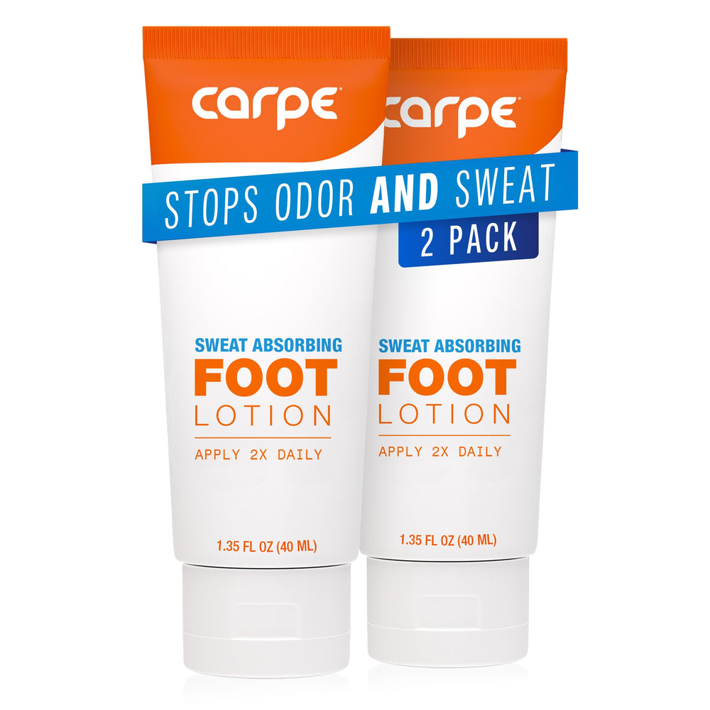 Carpe Sweat Absorbing Foot Lotion bottle showing quick-dry action for dry feet.