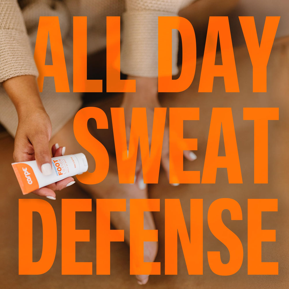 Carpe Sweat Absorbing Foot Lotion on feet in socks illustrates comfortable wear.