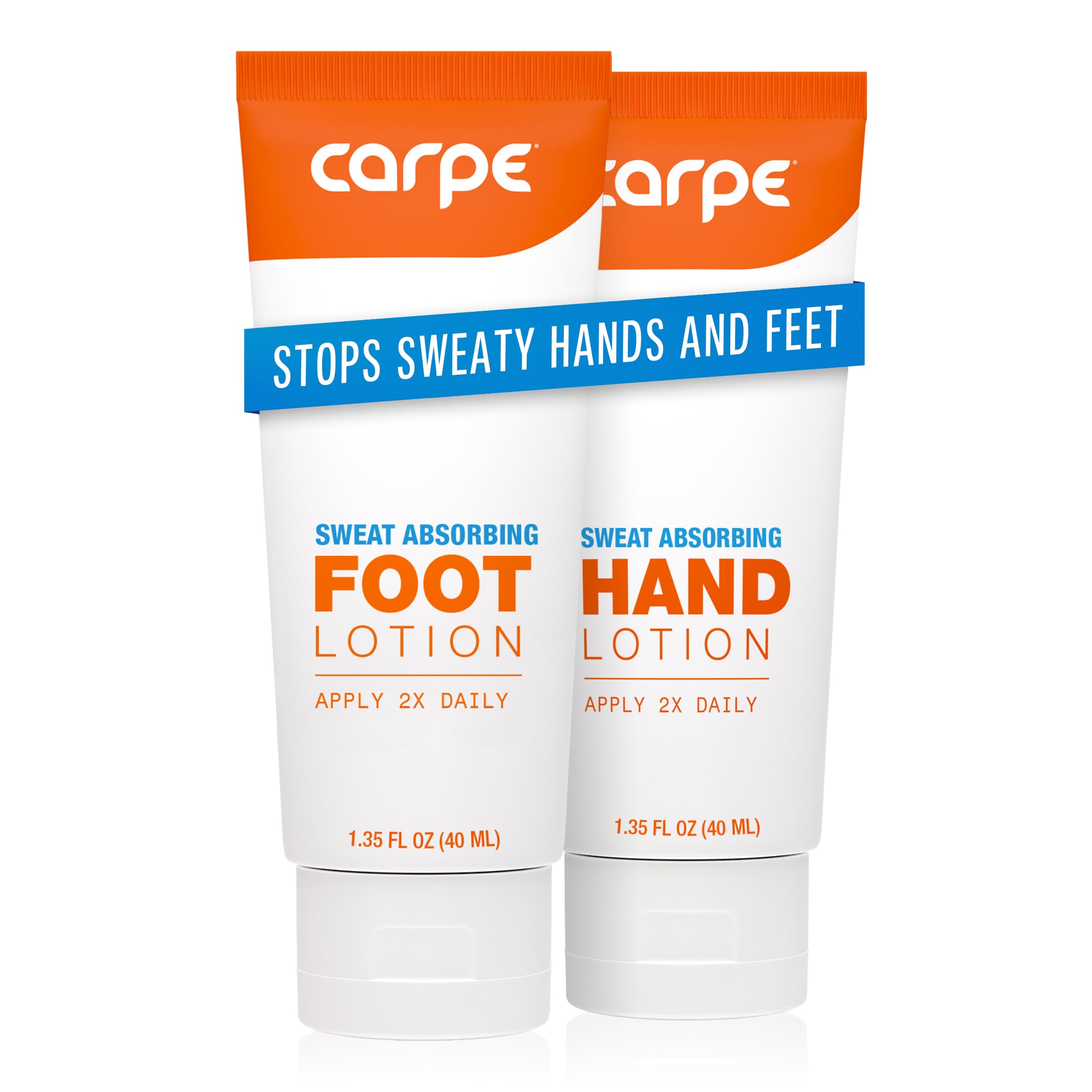 Carpe sweat absorbing hand lotion bottle showing quick drying formula for hands