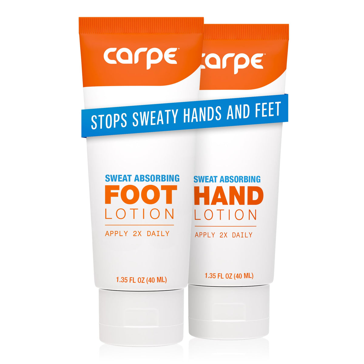 Carpe sweat absorbing hand lotion bottle showing quick drying formula for hands