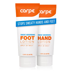 Carpe sweat absorbing hand lotion bottle showing quick drying formula for hands
