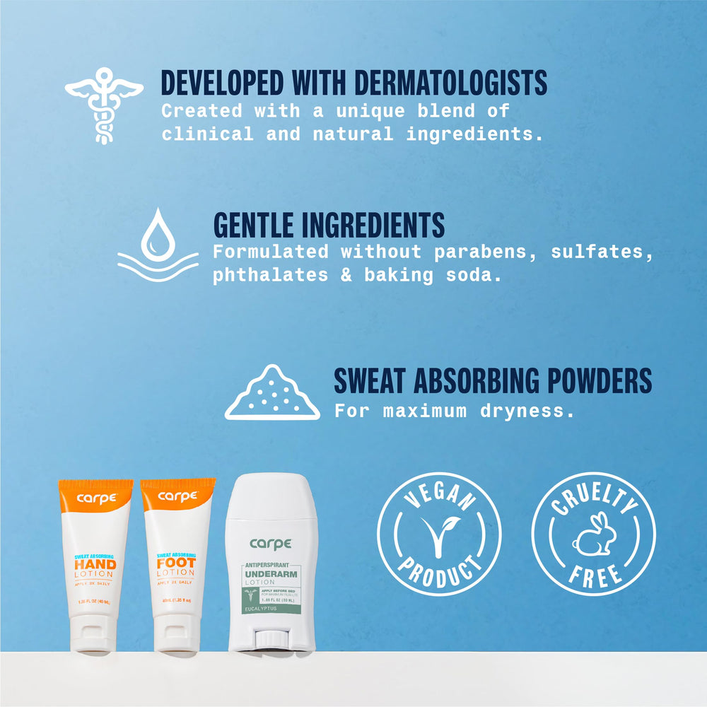 Carpe Sweat Absorbing Lotion on feet delivering dry, comfortable feet