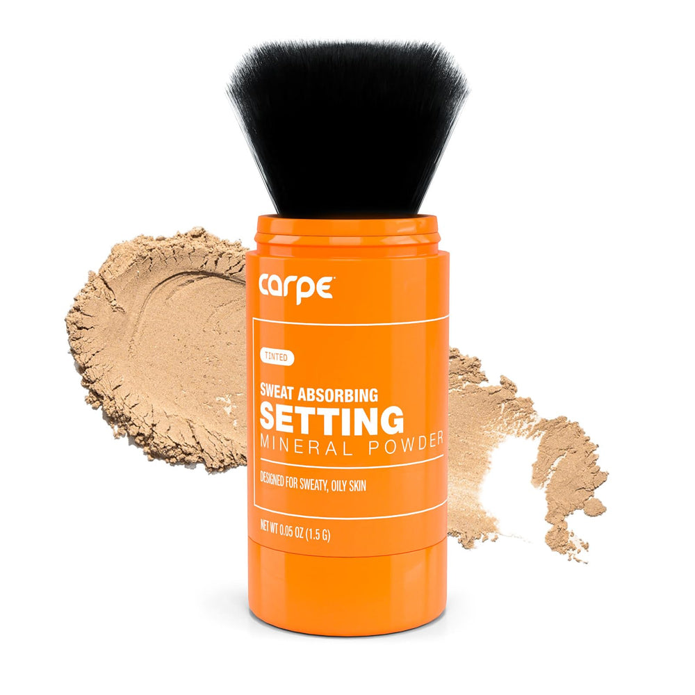Carpe Sweat-Absorbing Powder packaging showcases mineral formula for all-day shine control