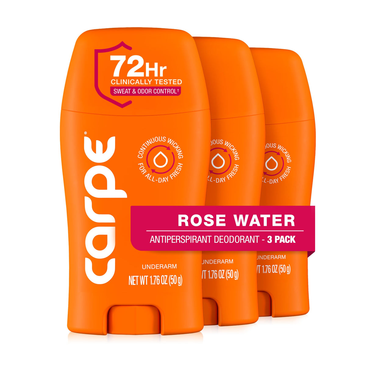 Carpe underarm antiperspirant bottle with rose water fragrance and 72-hour protection.