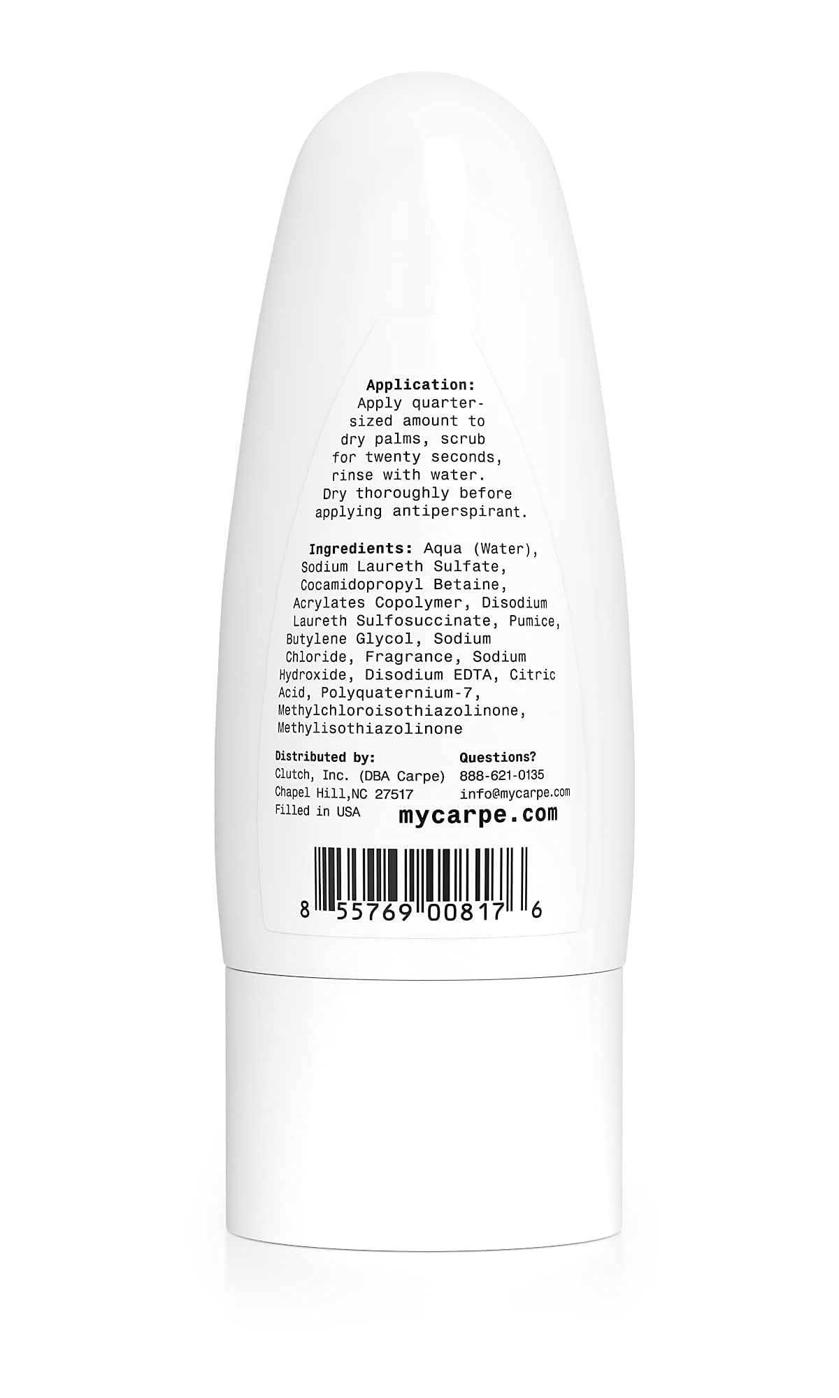 Closeup of Carpe brand label on underarm scrub for trust and clarity