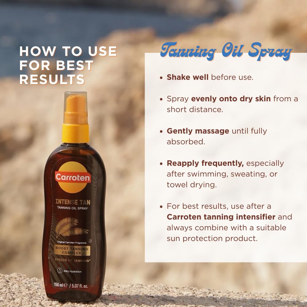 Carroten Browning Tan Accelerator application demonstrates faster bronze with carrot and coconut oils.