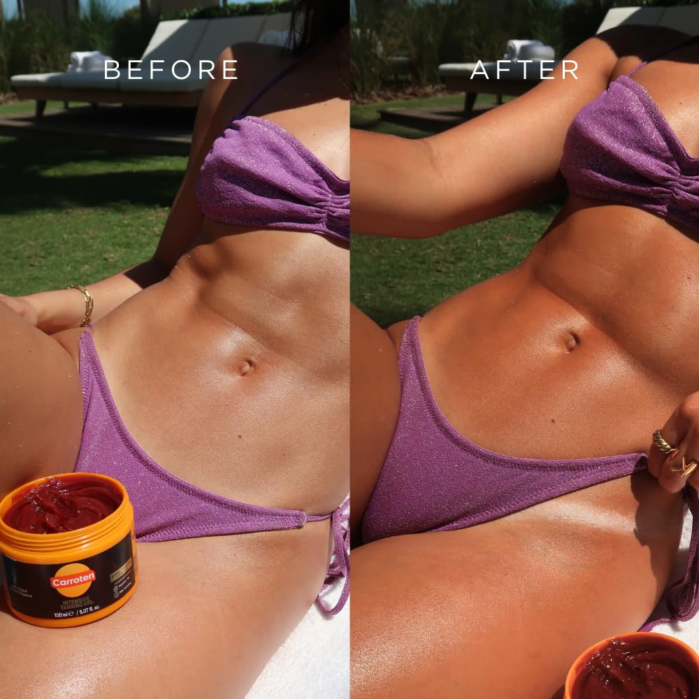 Carroten Intensive Tanning Gel bottle back explains easy, streak-free application