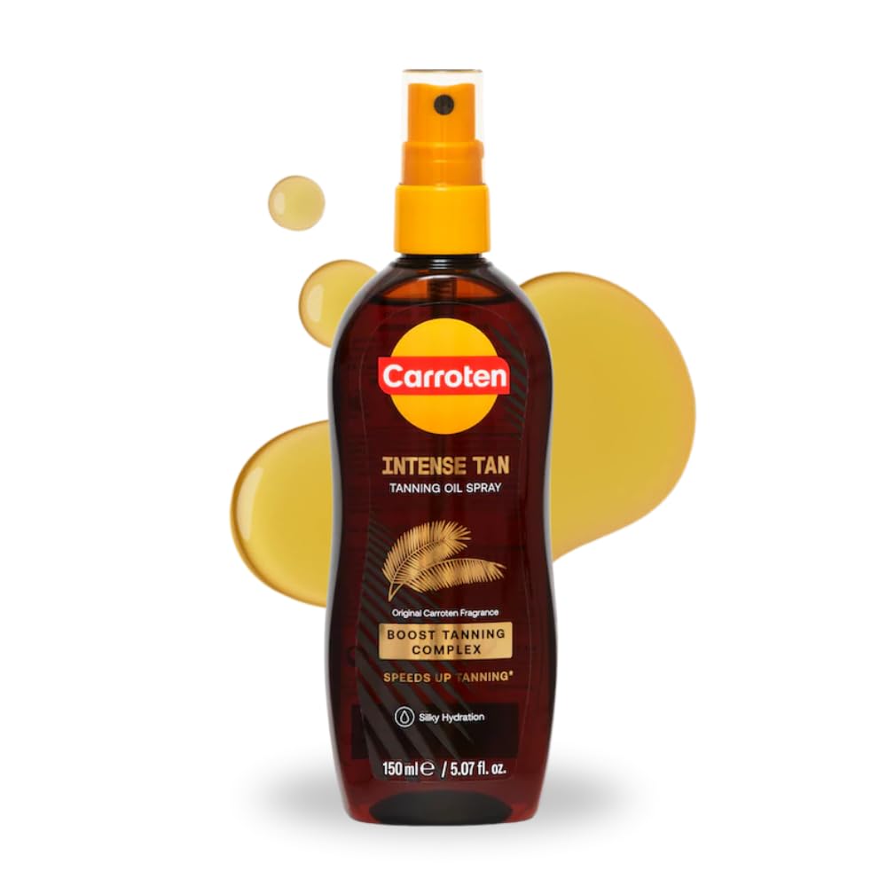 Carroten Intensive Tanning Oil Spray bottle shows silky hydration for sun-kissed skin.
