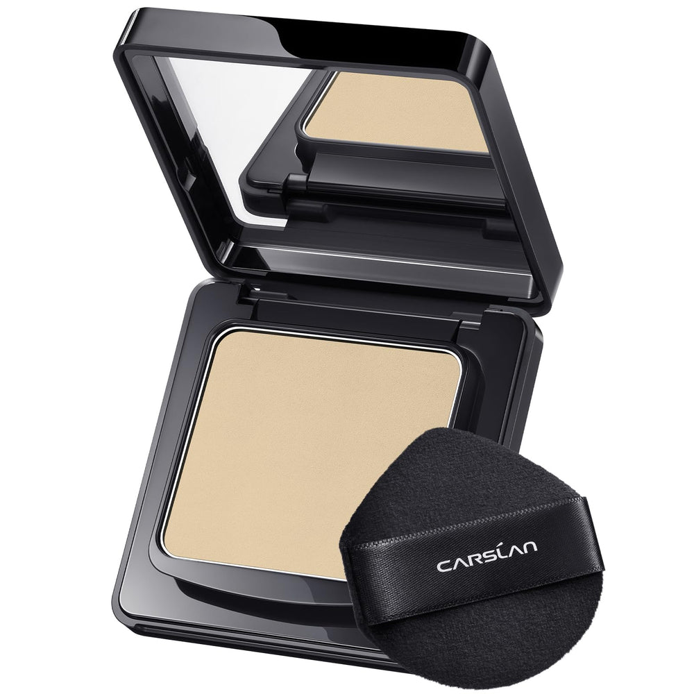 CARSLAN 1-0 waterproof powder compact seen with its sleek case for all-day oil control.