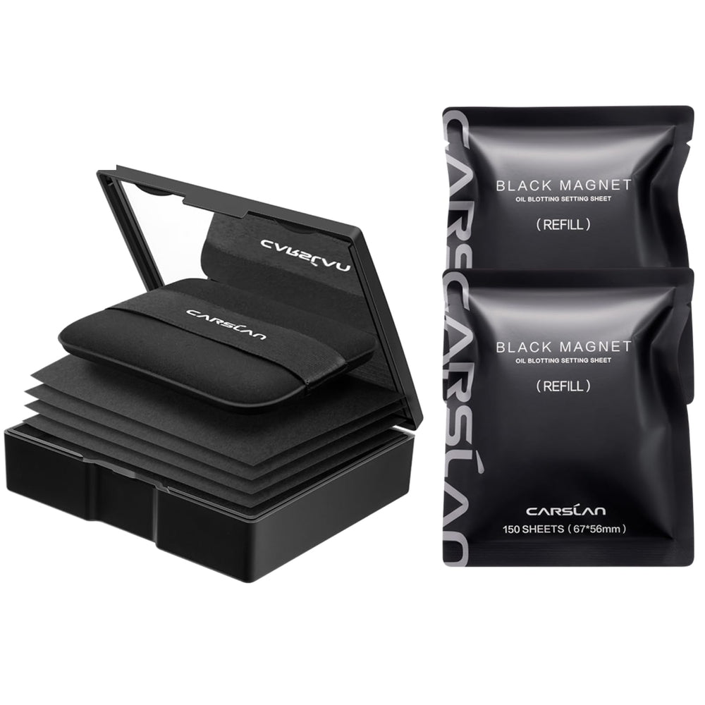 CARSLAN makeup blotting paper with powder compact enables on-the-go matte touch-ups