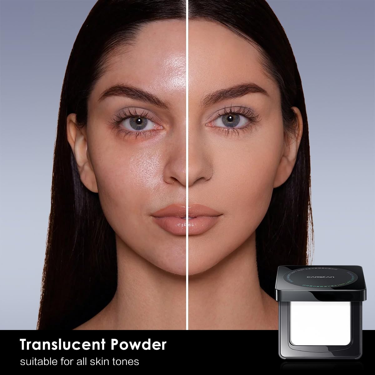 CARSLAN translucent setting powder compact blends evenly for a natural matte finish.