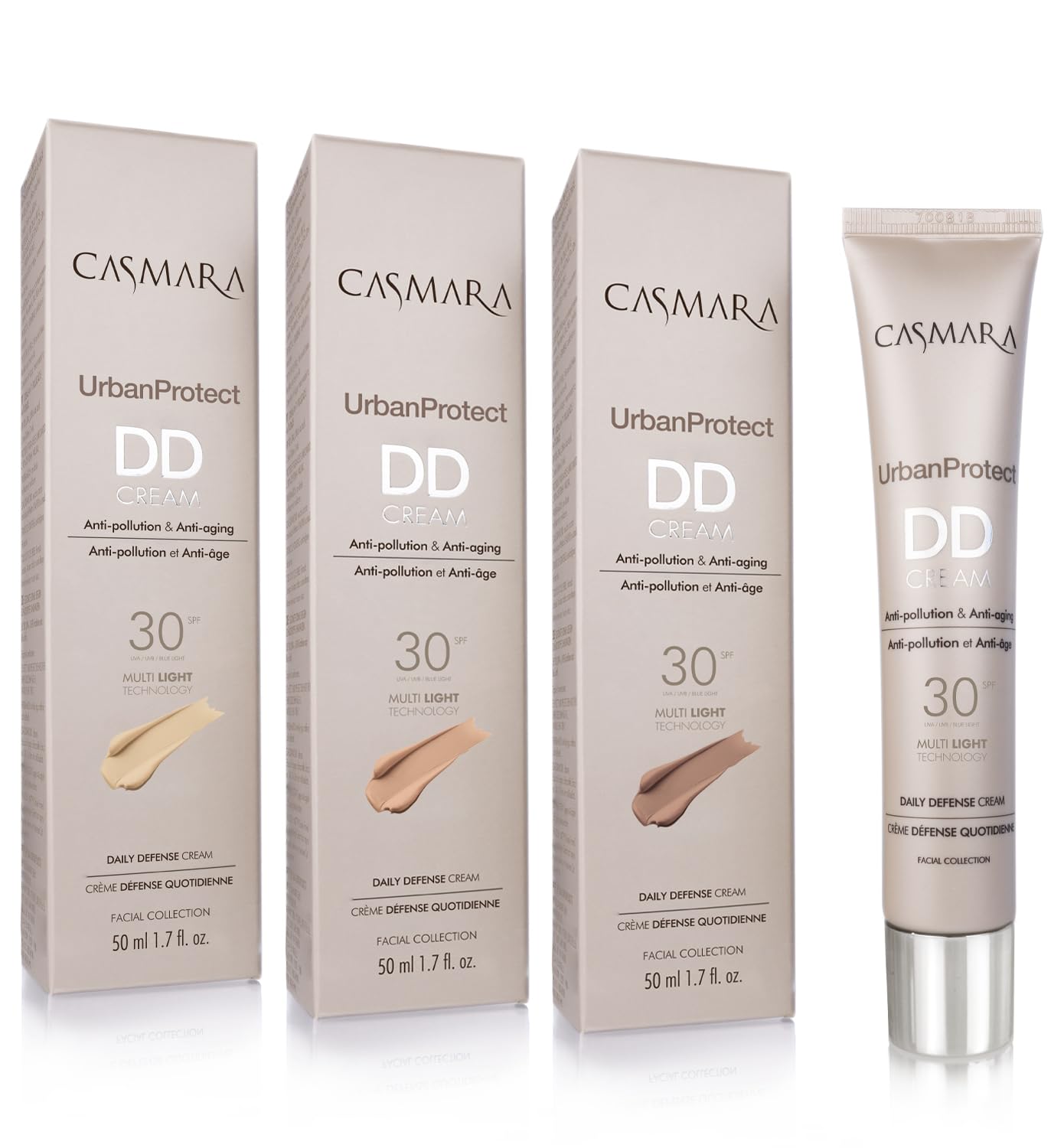 Casmara DD Cream Urban Protect bottle shows sleek packaging and a protective shield against pollution.