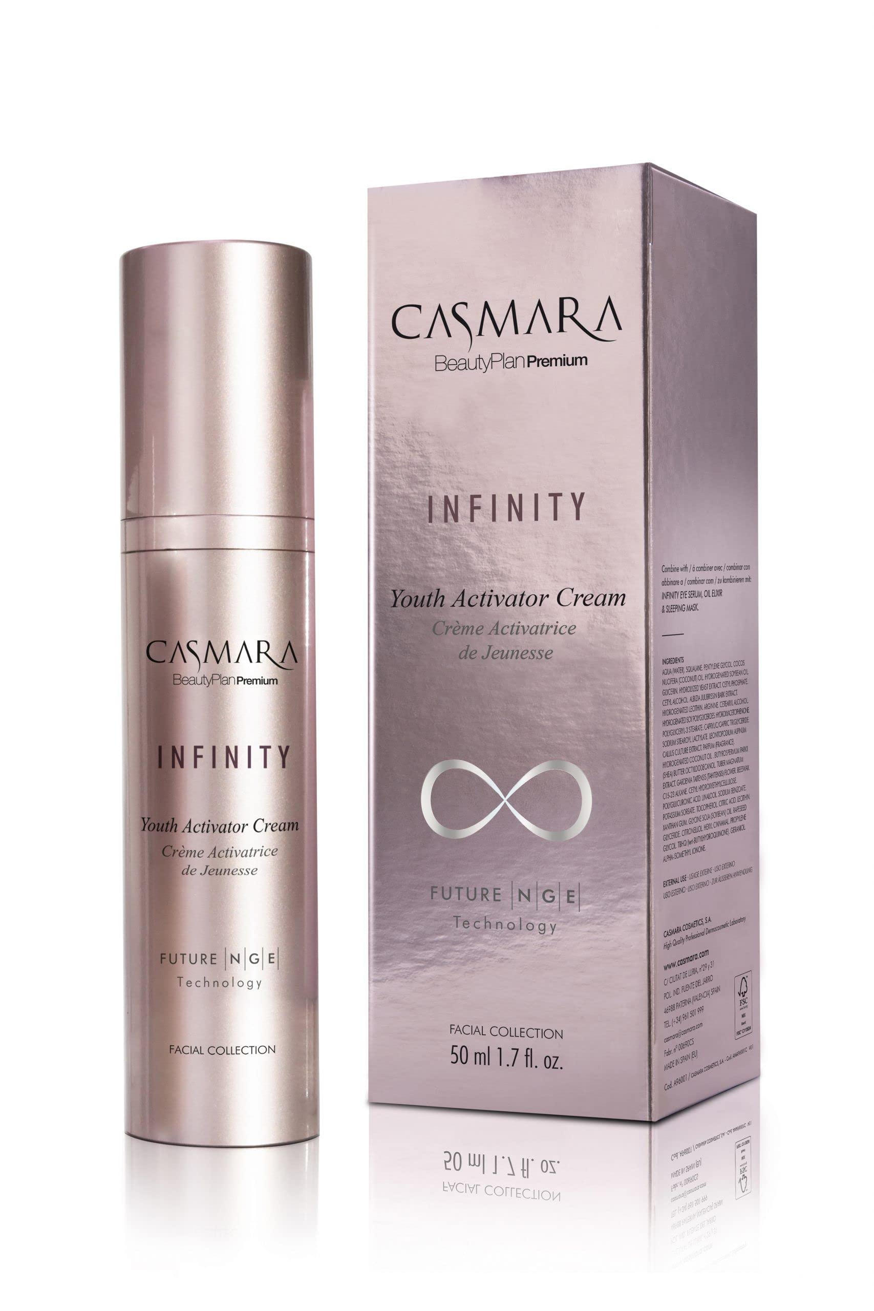 Casmara Infinity Cream bottle close-up highlighting its silky texture and firming potential.