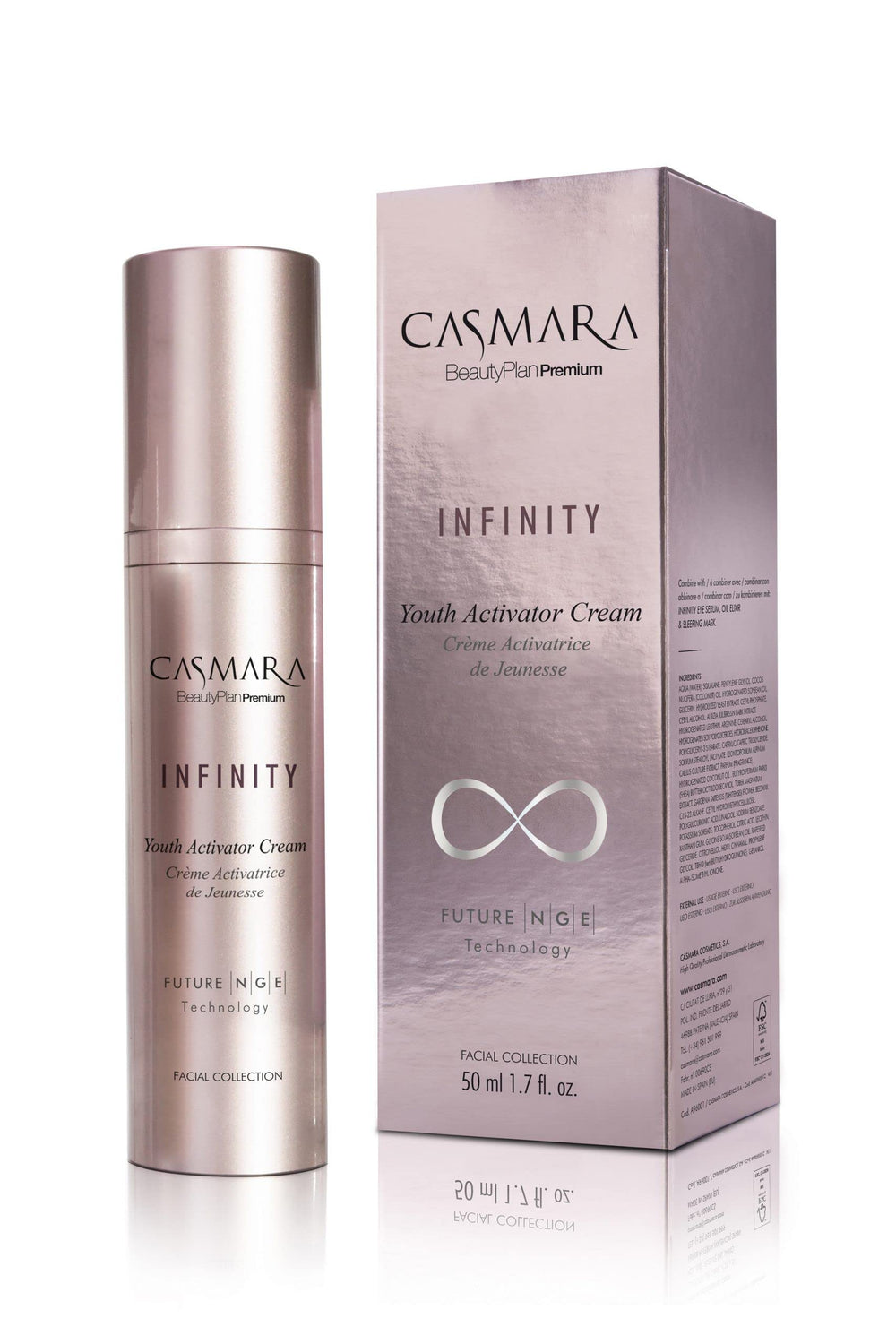 Casmara Infinity Cream bottle close-up highlighting its silky texture and firming potential.