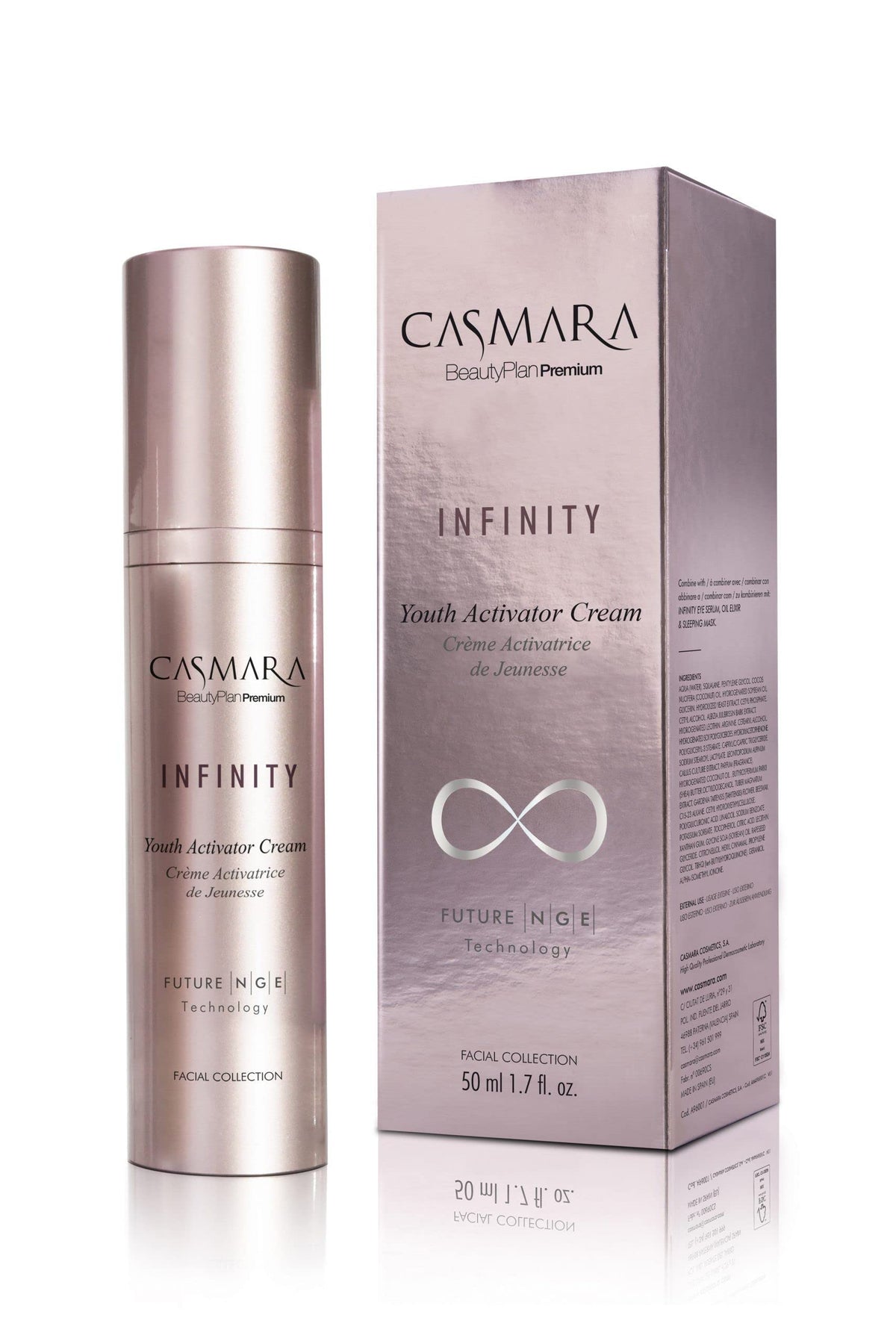 Casmara Infinity Cream bottle close-up highlighting its silky texture and firming potential.