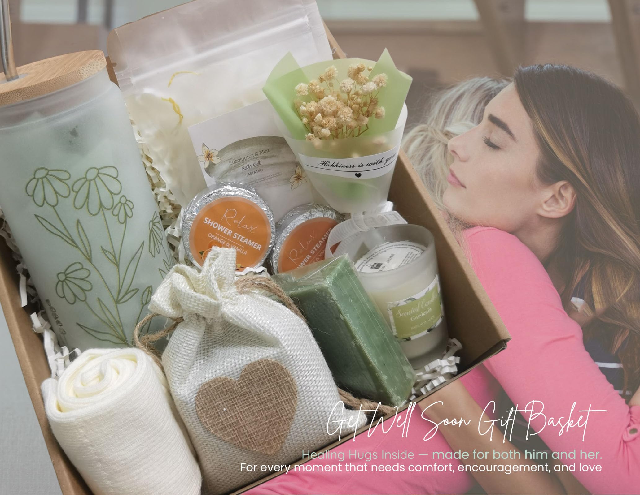 Castateo frosted glass cup with sage-green design complements the calming gift set.