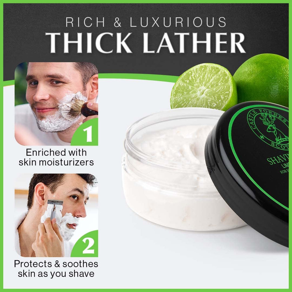 Castle Forbes Lime Shaving Cream close-up lather shows premium texture.
