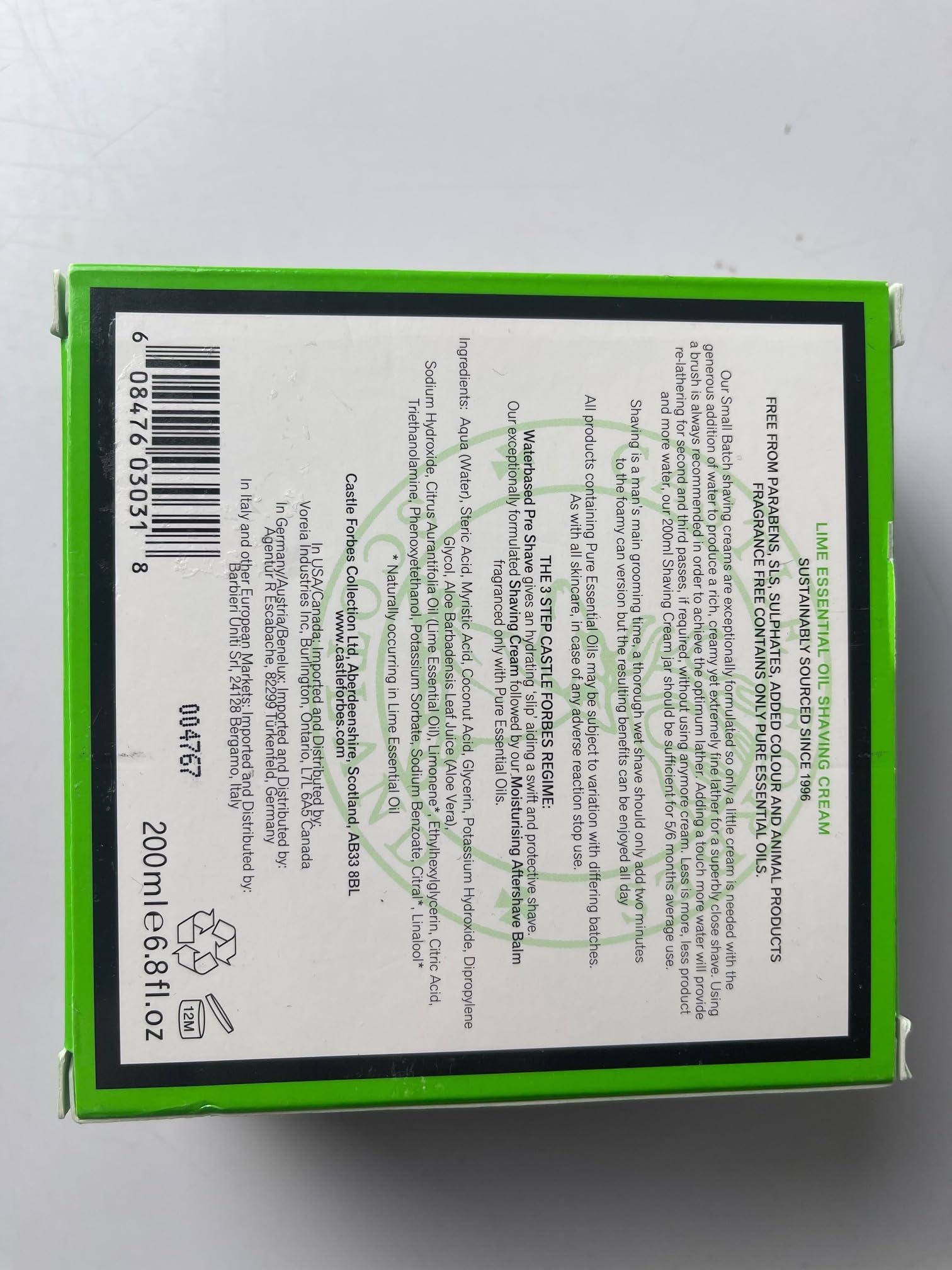 Castle Forbes Lime Shaving Cream packaging signals luxury grooming.