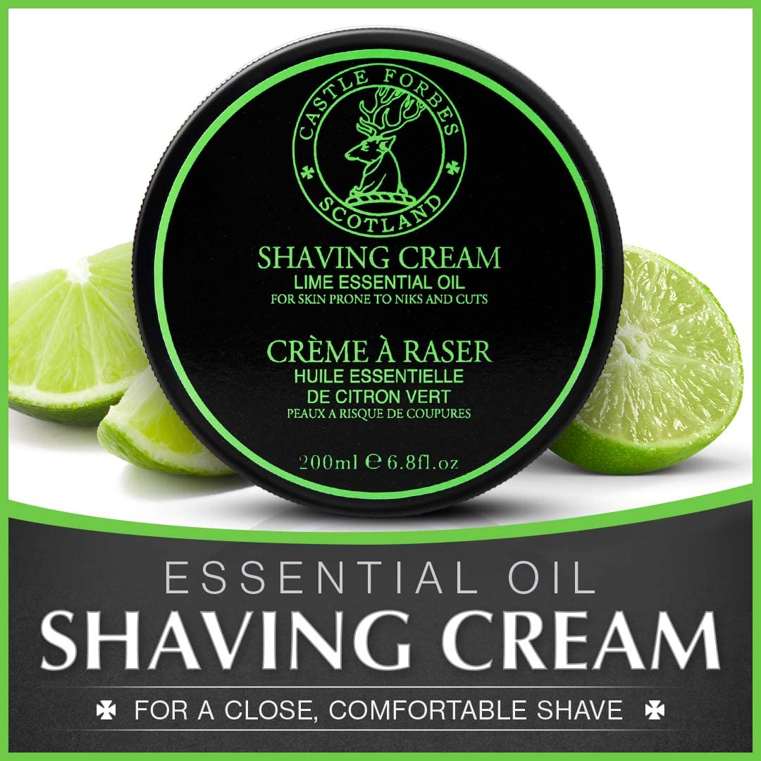Castle Forbes Lime Shaving Cream tub with lid off showing creamy texture for a smooth shave.