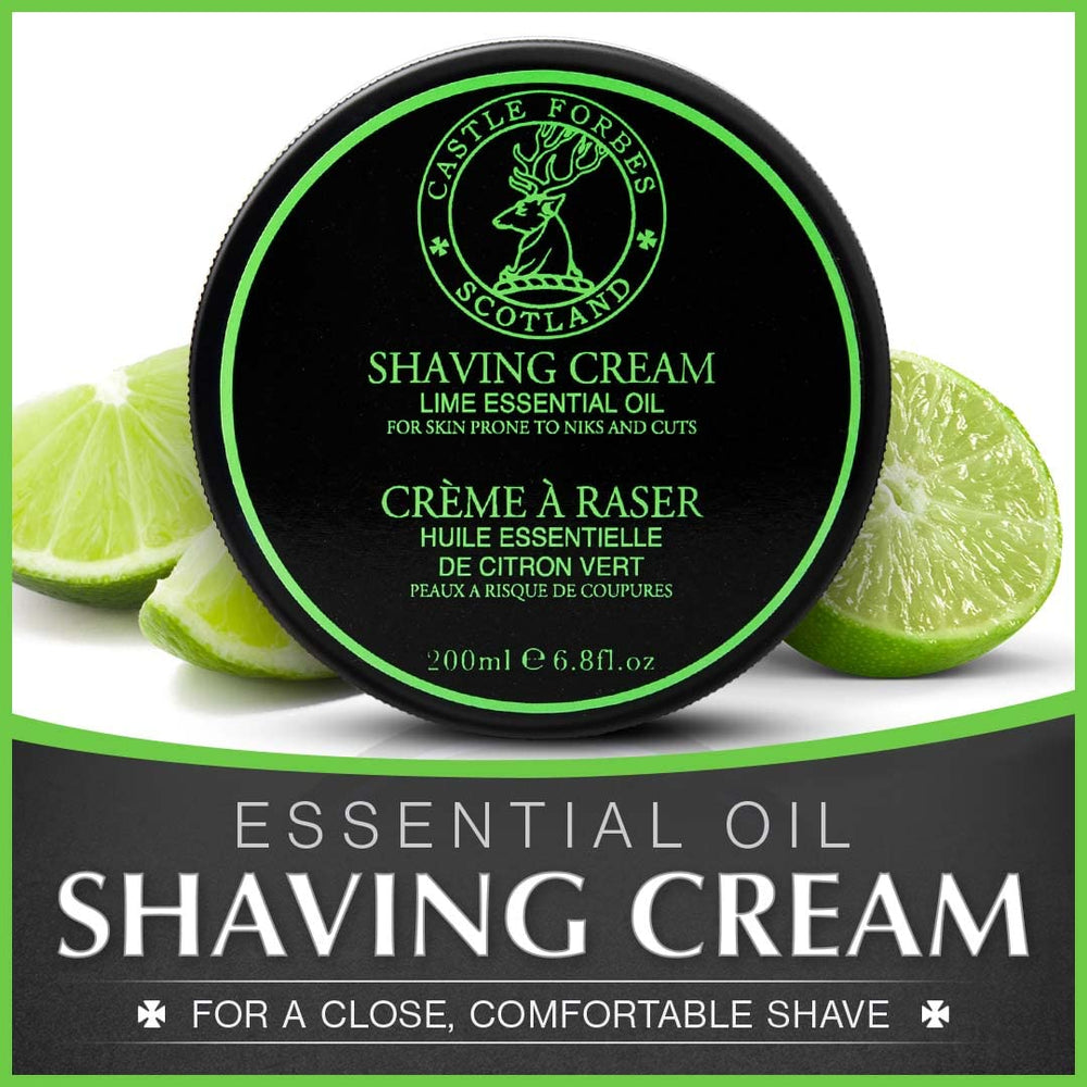 Castle Forbes Lime Shaving Cream tub with lid off showing creamy texture for a smooth shave.