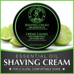 Castle Forbes Lime Shaving Cream tub with lid off showing creamy texture for a smooth shave.