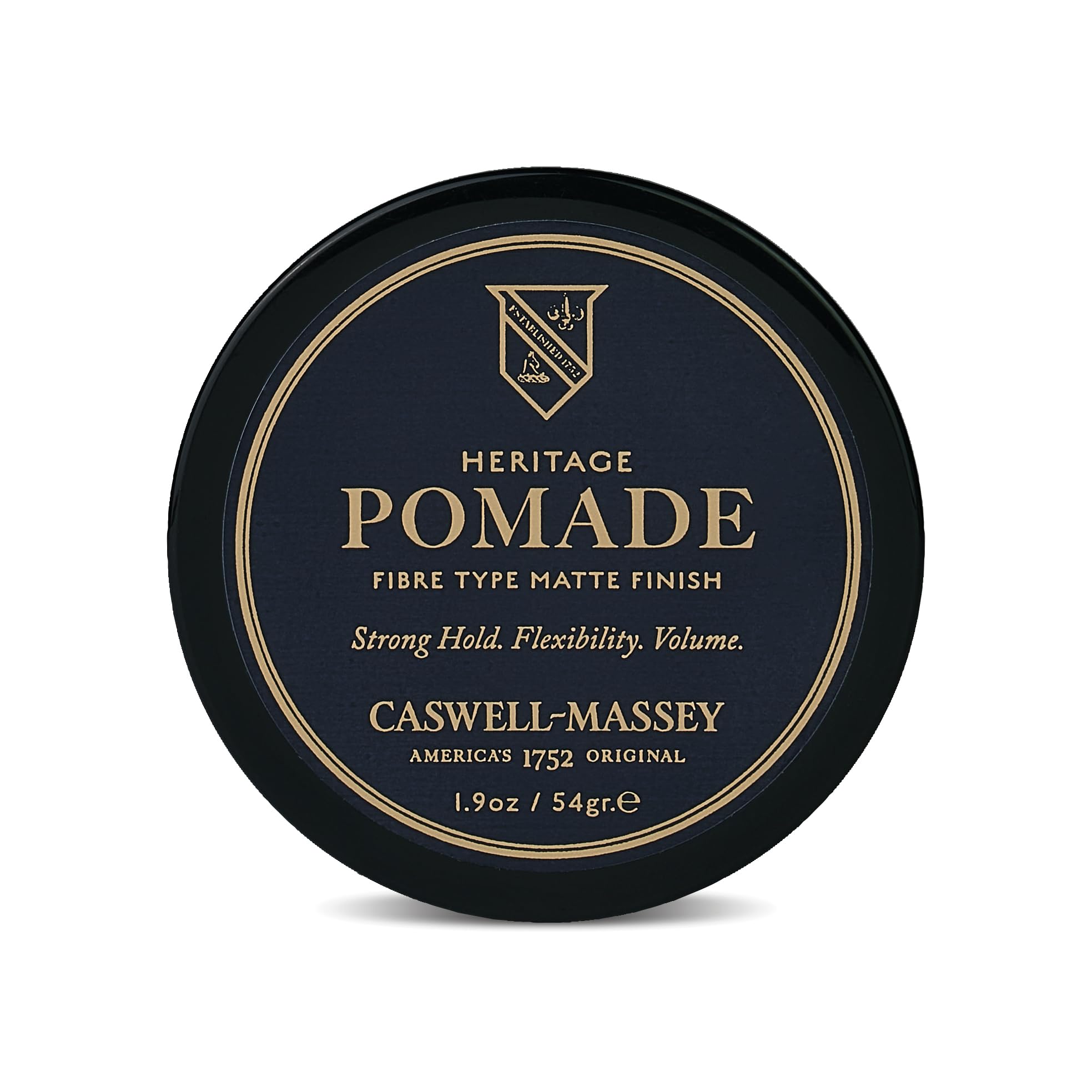 Caswell-Massey Fiber-Style Hair Pomade jar demonstrates natural matte styling.