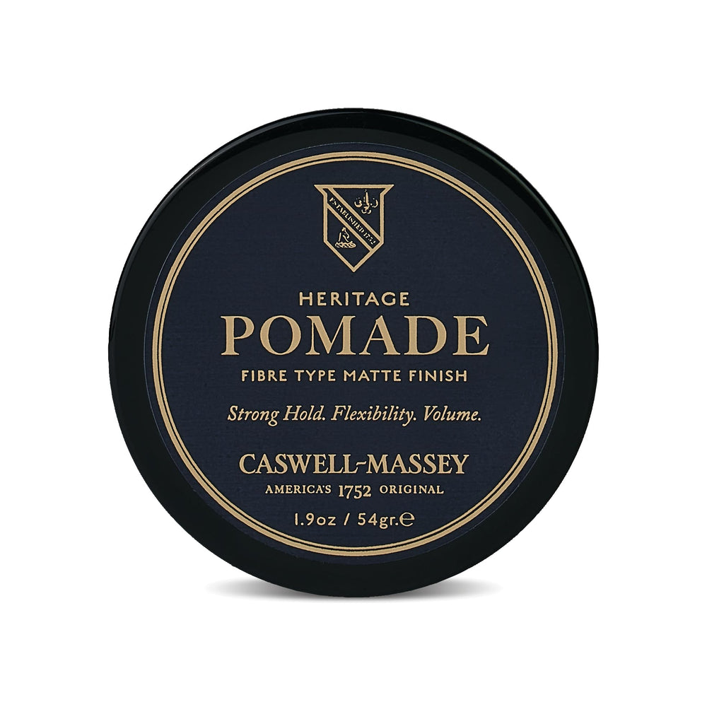 Caswell-Massey Fiber-Style Hair Pomade jar demonstrates natural matte styling.