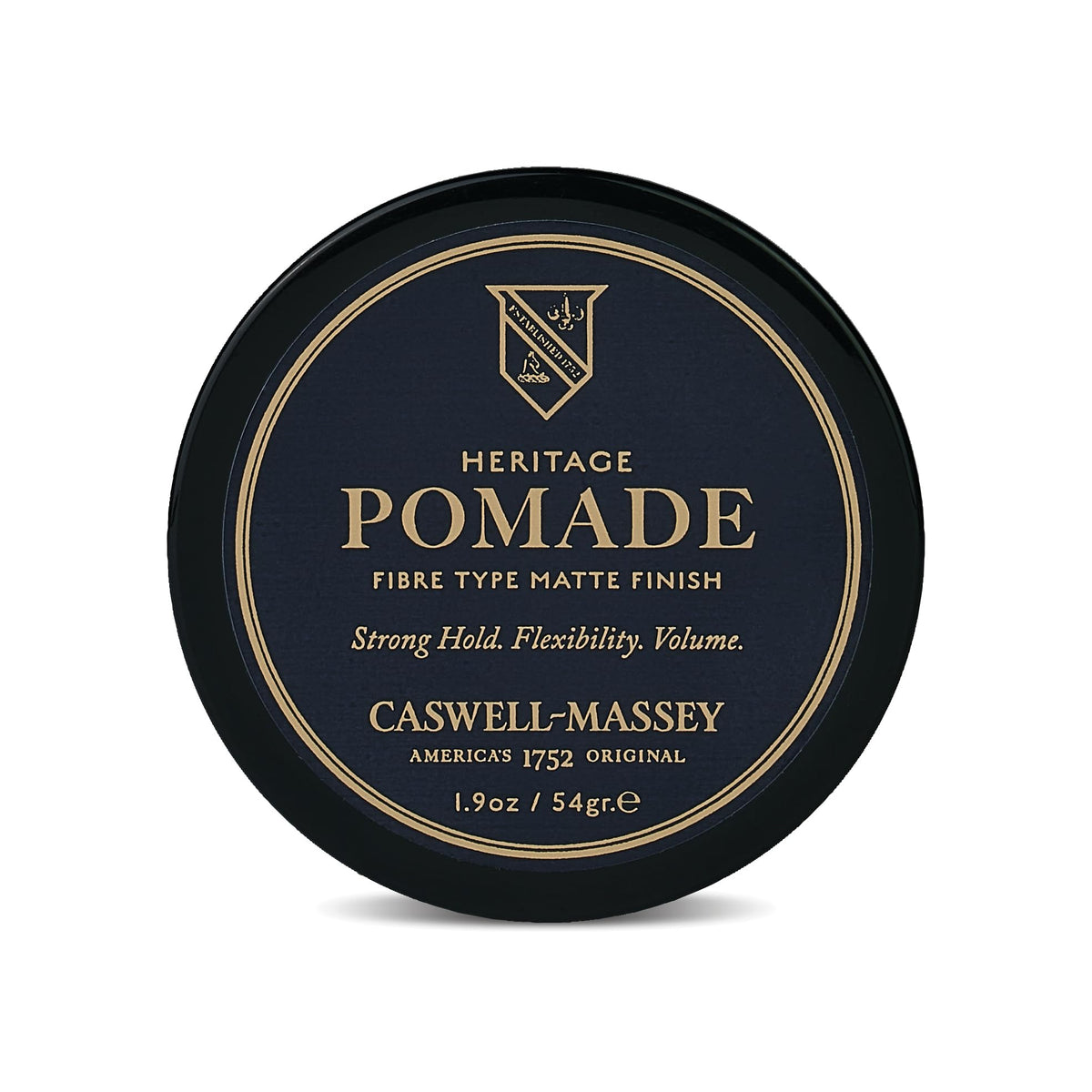 Caswell-Massey Fiber-Style Hair Pomade jar demonstrates natural matte styling.
