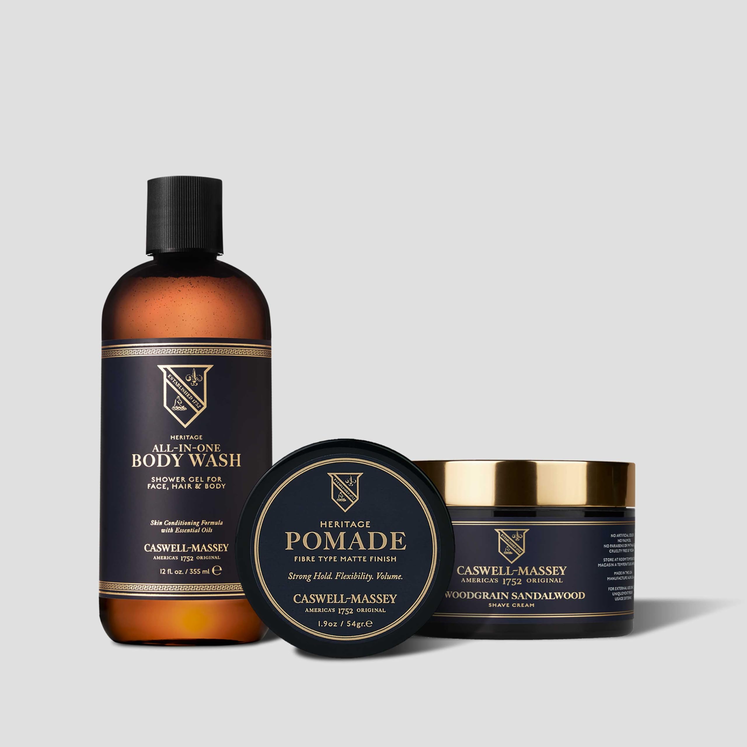 Caswell-Massey Fiber-Style Pomade packaging highlights heritage.