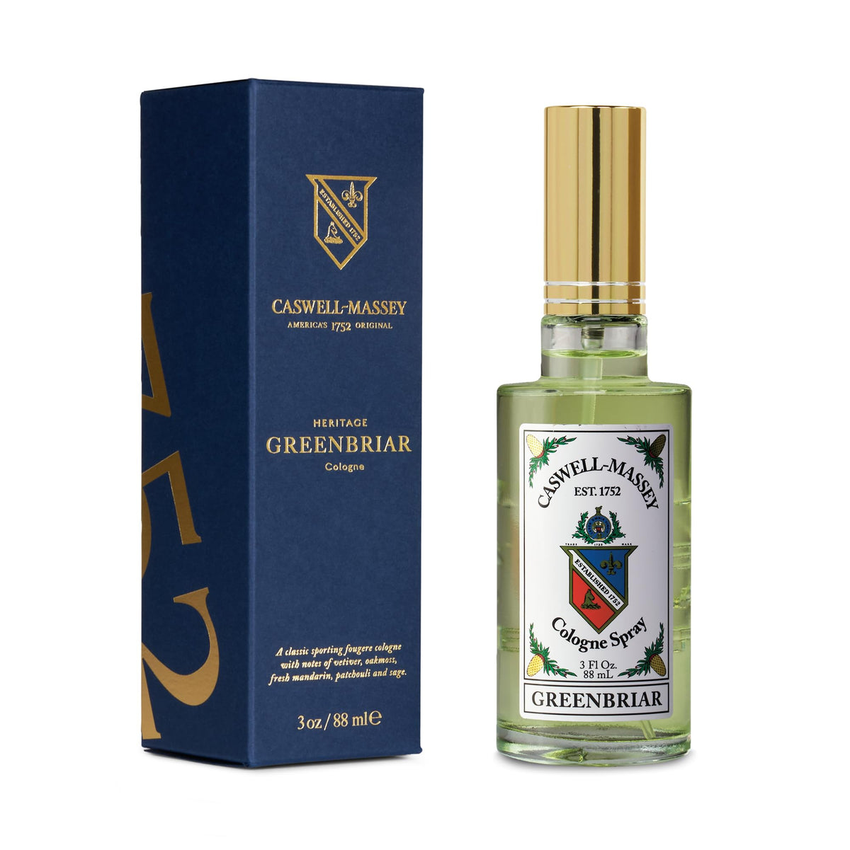Caswell-Massey Greenbriar bottle with gold cap for a refined daily fragrance.