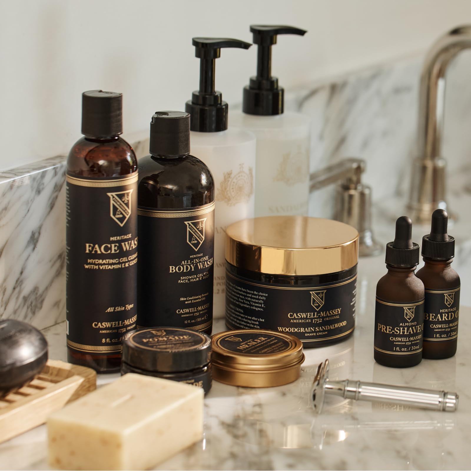 Caswell-Massey shave cream in bathroom scene supporting a daily grooming ritual.